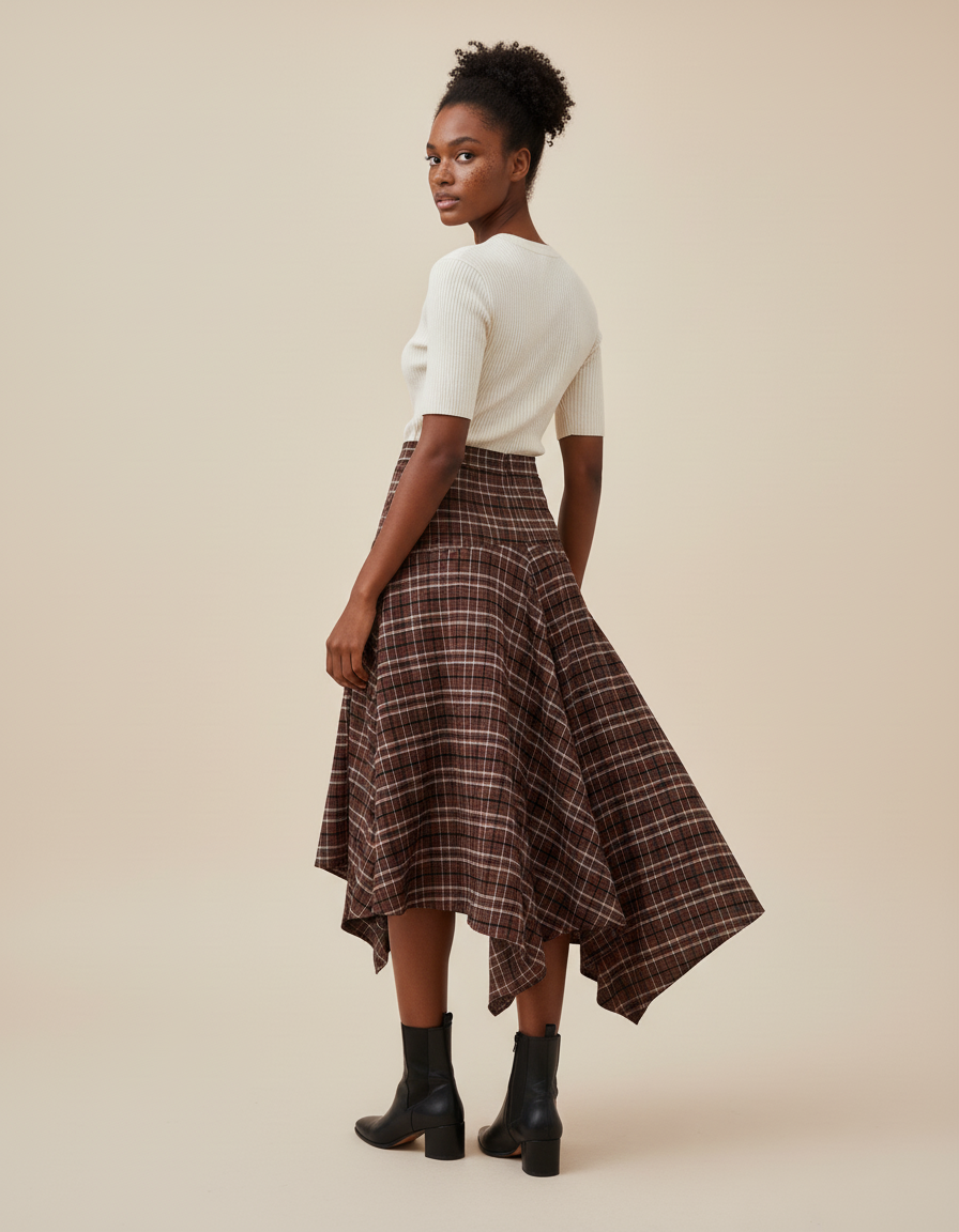 Jupe Longue Carreaux Marron Ourlet Asymétrique Vintage