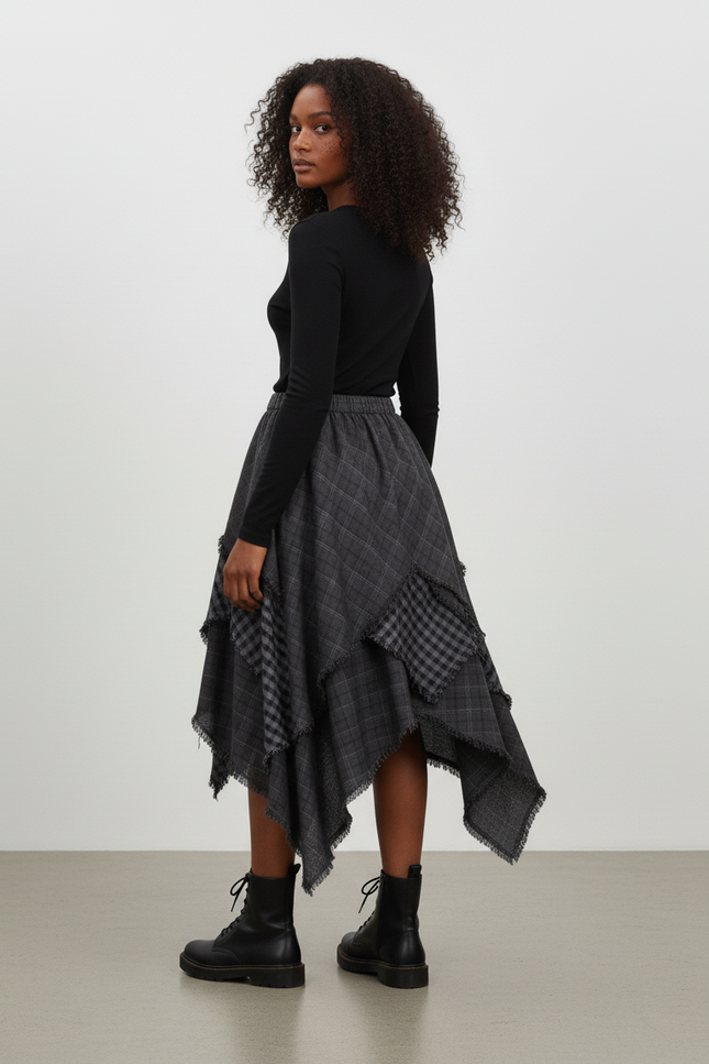 Jupe Longue Plaid Asymétrique Fluide