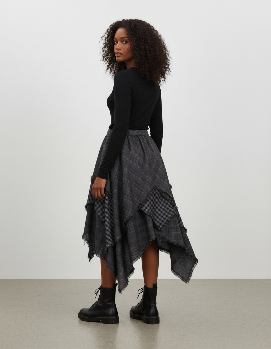 Jupe Longue Plaid Asymétrique Fluide