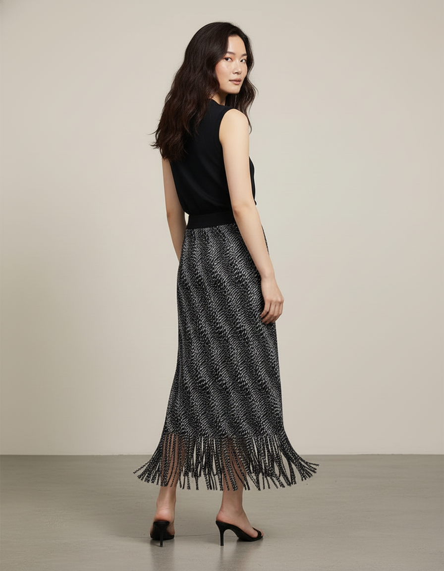 Jupe Longue Imprimée Franges Élégante