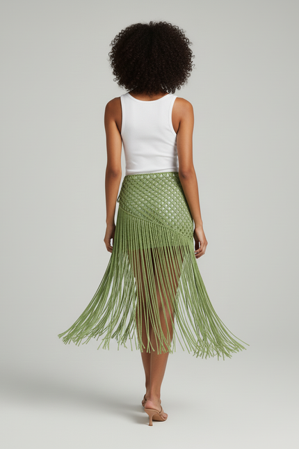 Jupe Longue Vert Franges Bohème