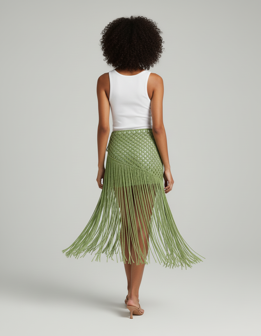 Jupe Longue Vert Franges Bohème