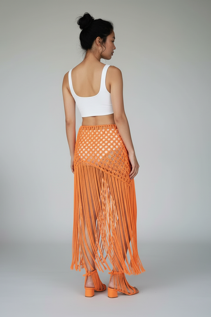 Jupe Longue Orange Franges Bohème