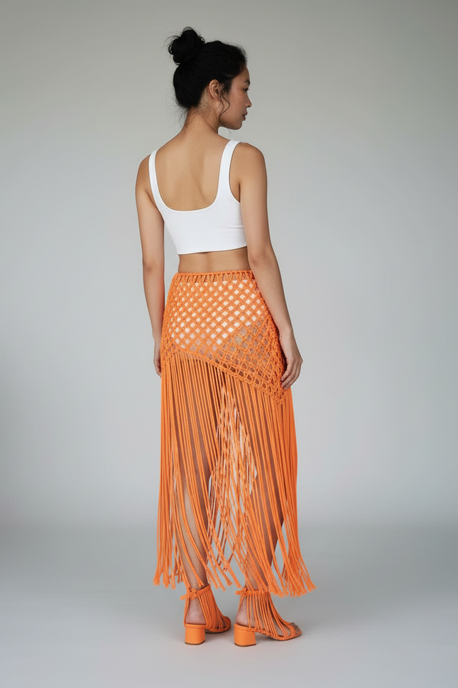 Jupe Longue Orange Franges Bohème