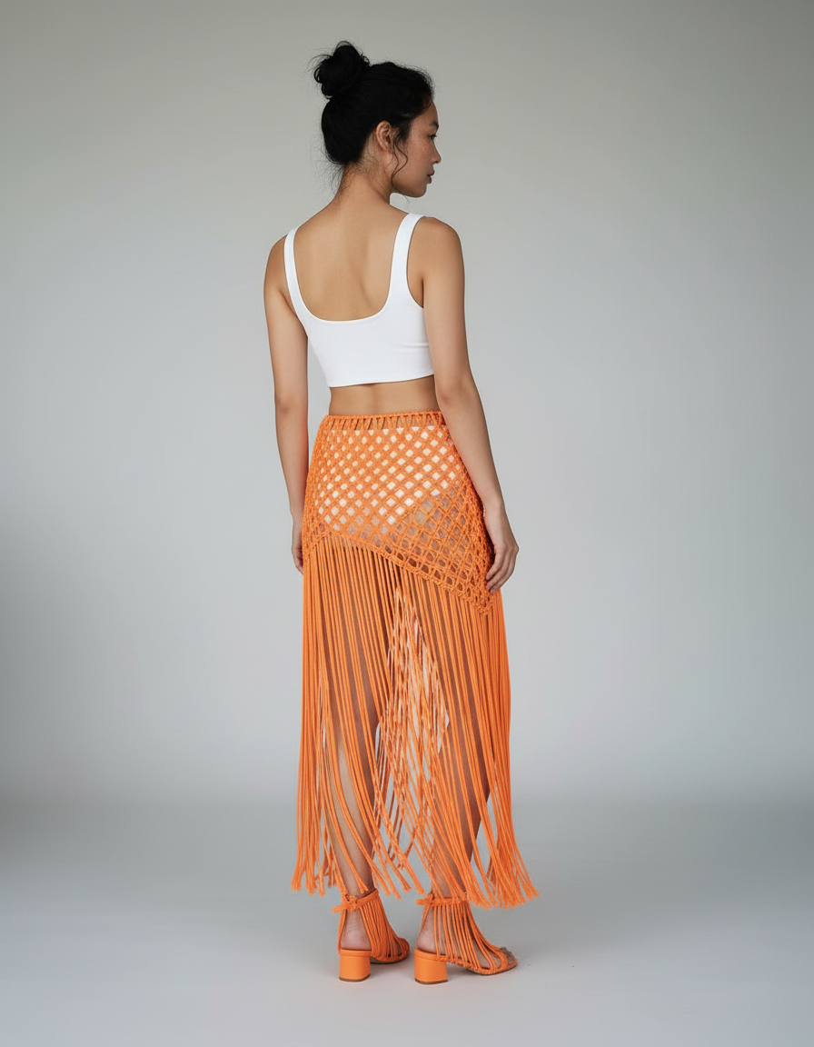 Jupe Longue Orange Franges Bohème