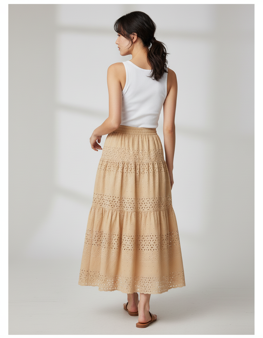 Jupe Longue Beige Brodée Élégante