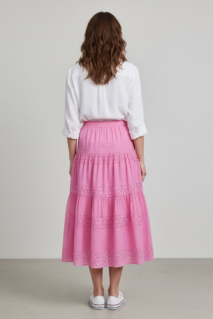 Jupe Longue Rose Broderie Anglaise Élégante