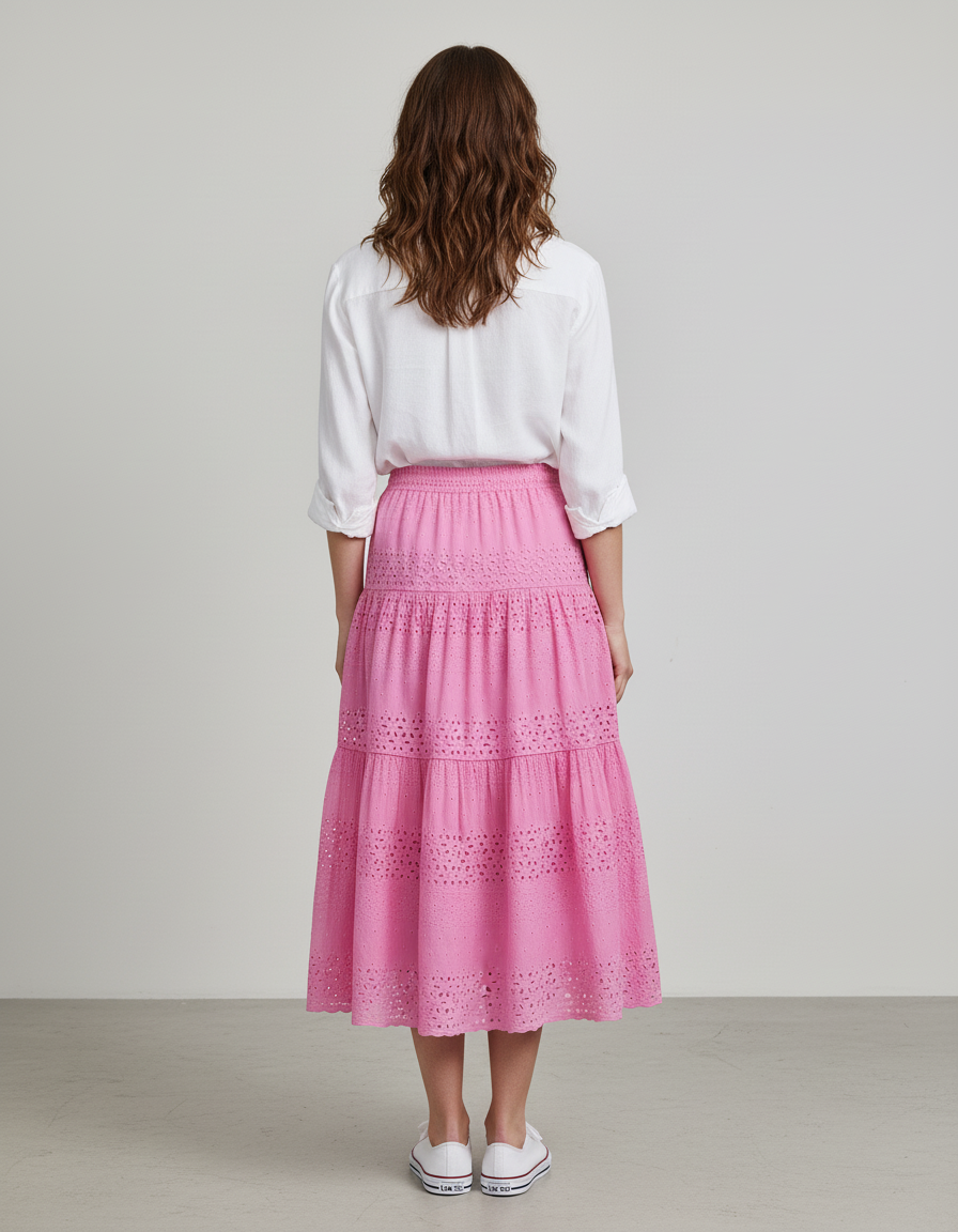 Jupe Longue Rose Broderie Anglaise Élégante