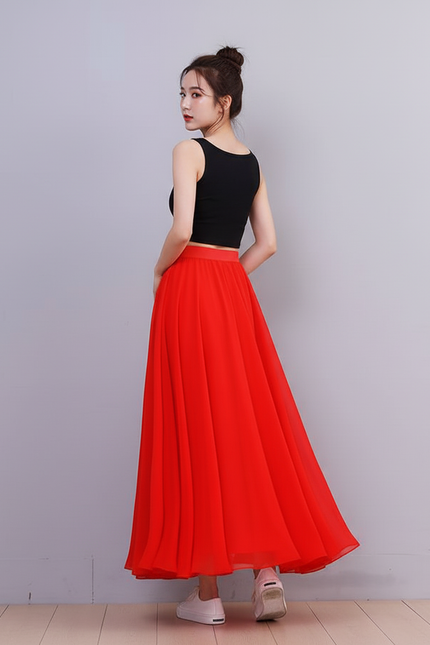 Jupe Longue Rouge Mousseline Fluide