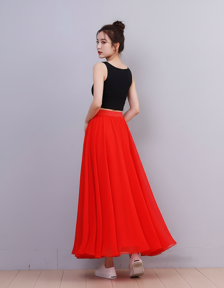 Jupe Longue Rouge Mousseline Fluide