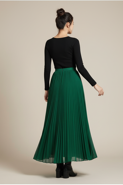 Jupe Longue Verte Plissée Fluide Tendance