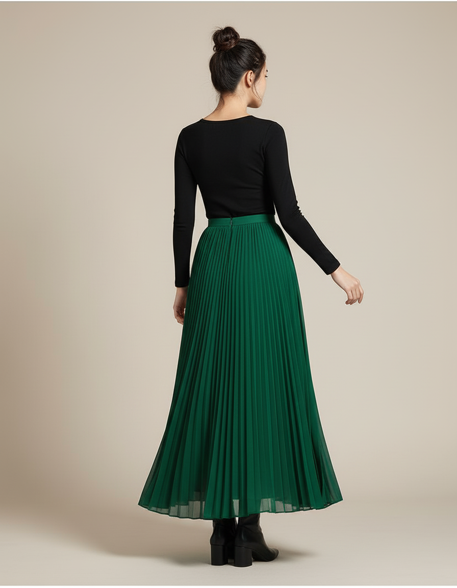 Jupe Longue Verte Plissée Fluide Tendance