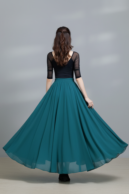 Jupe Longue Chiffon Vert Pétrole Fluide