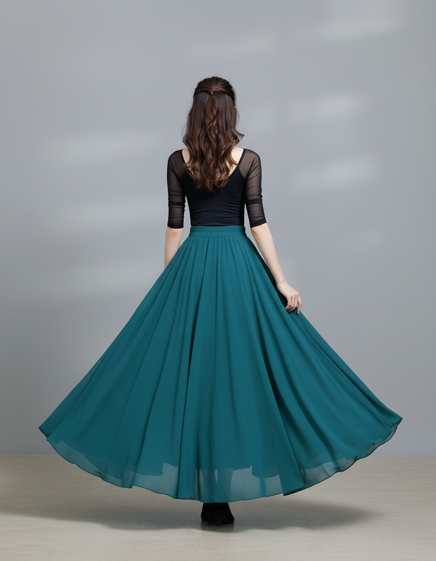 Jupe Longue Chiffon Vert Pétrole Fluide