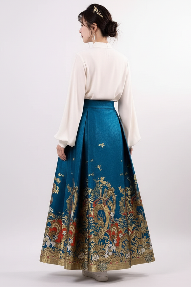 Jupe Longue Bleu Paon Brodée Élégante