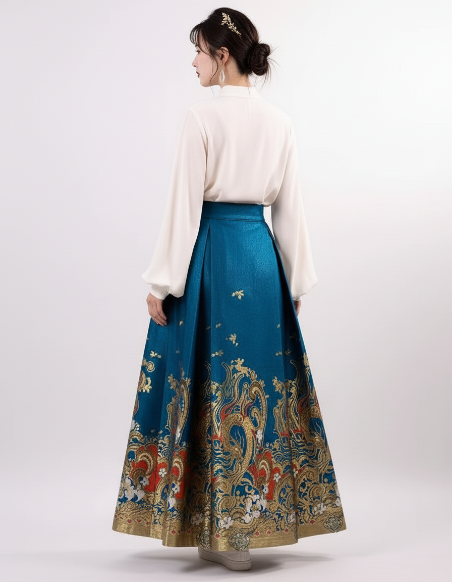 Jupe Longue Bleu Paon Brodée Élégante