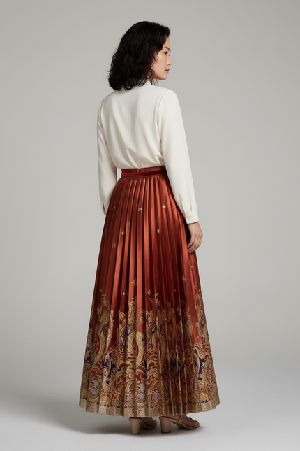 Jupe Longue Plissée Brodée Élégante