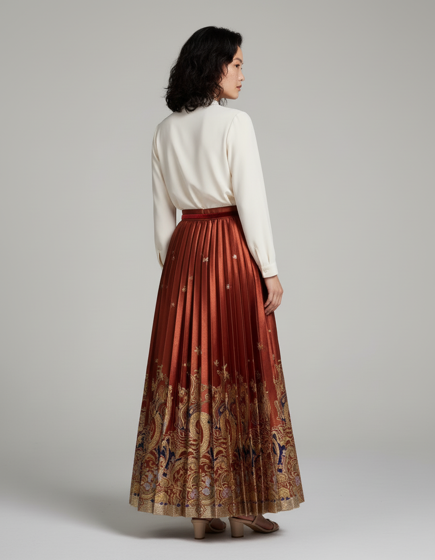 Jupe Longue Plissée Brodée Élégante