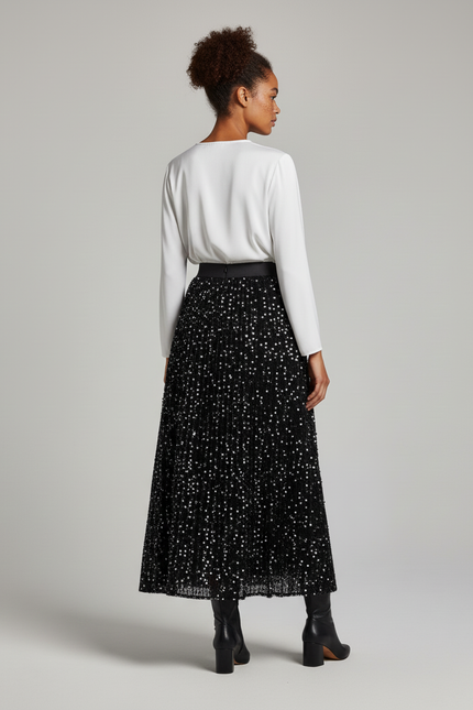 Jupe Longue Noire Pailletée Plissée