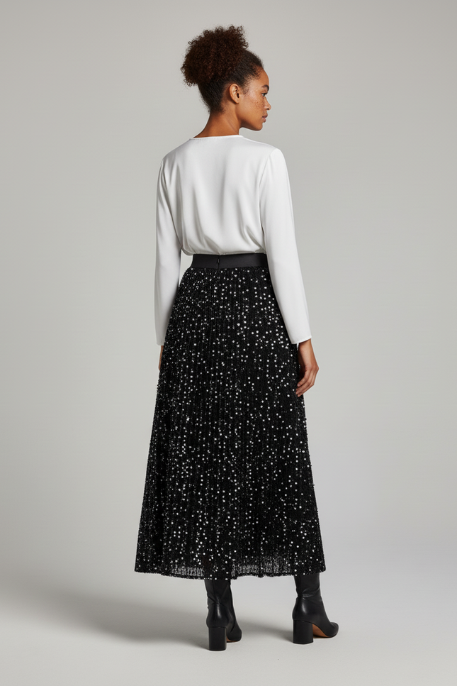 Jupe Longue Noire Pailletée Plissée