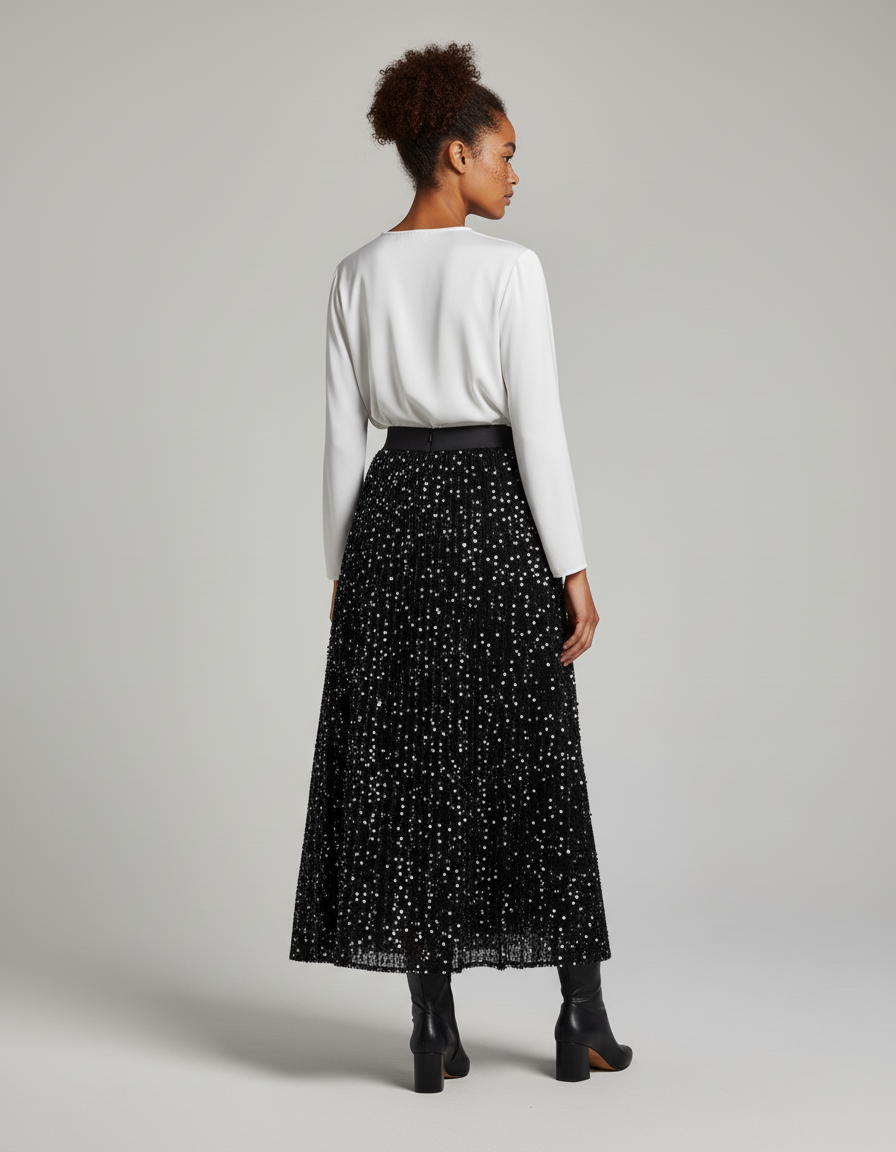 Jupe Longue Noire Pailletée Plissée