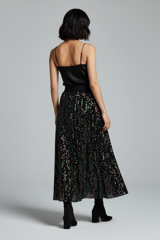 Jupe Longue Noire Paillettes Multicolores Scintillante