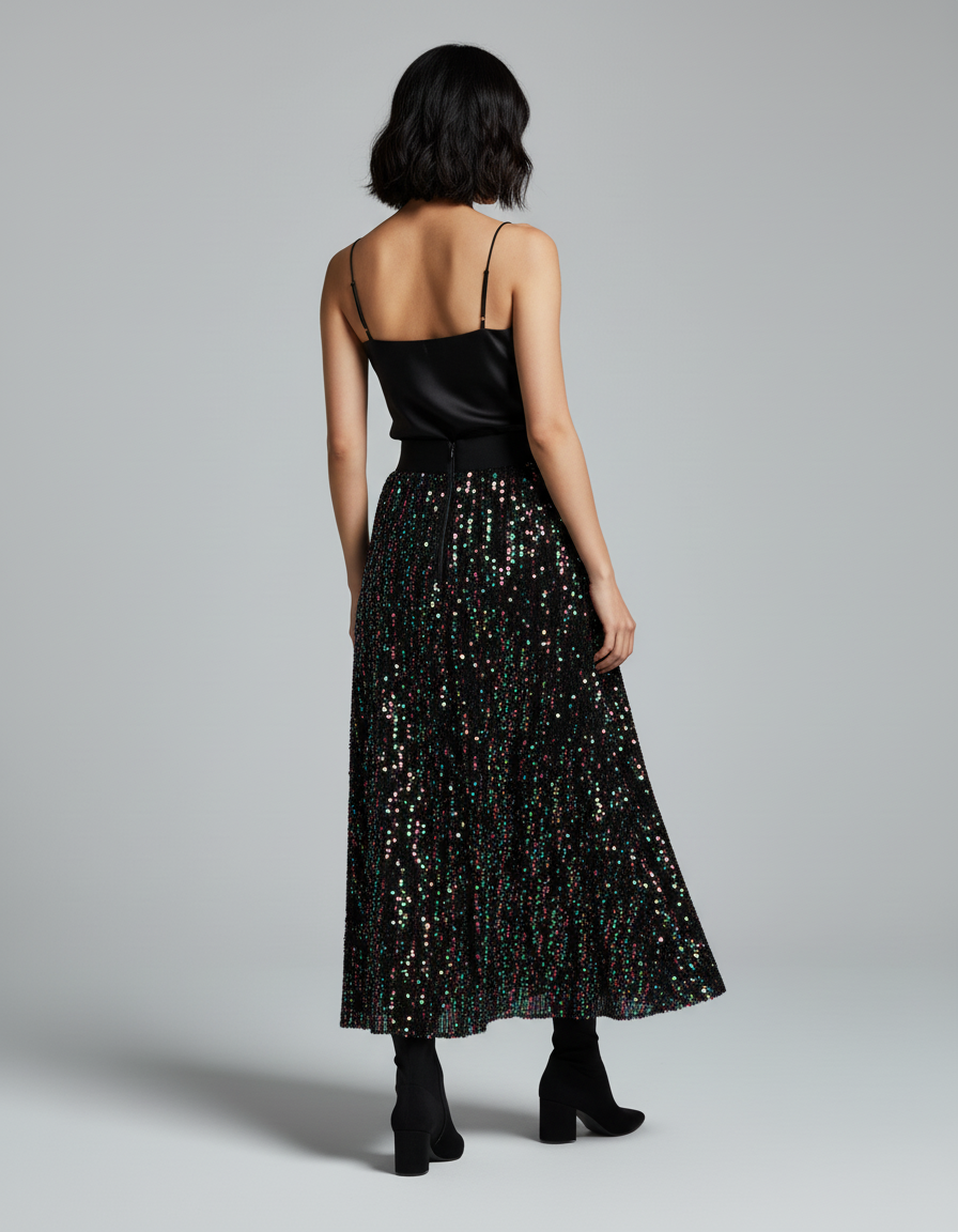 Jupe Longue Noire Paillettes Multicolores Scintillante