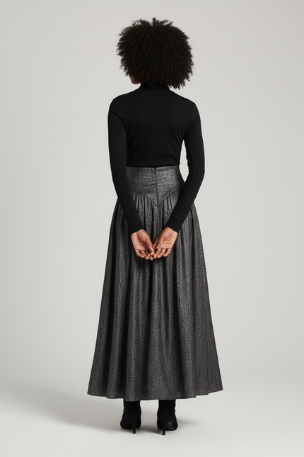 Jupe Longue Gris Métallisé Plissée Élégante