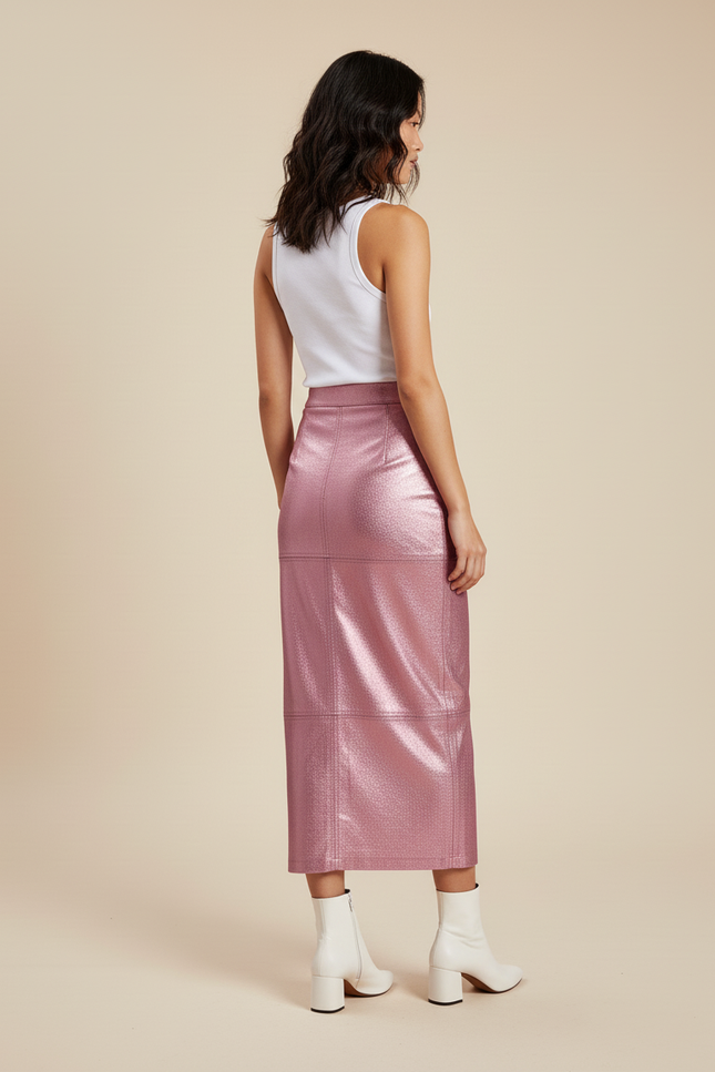 Jupe Longue Rose Métallisé Similicuir Chic