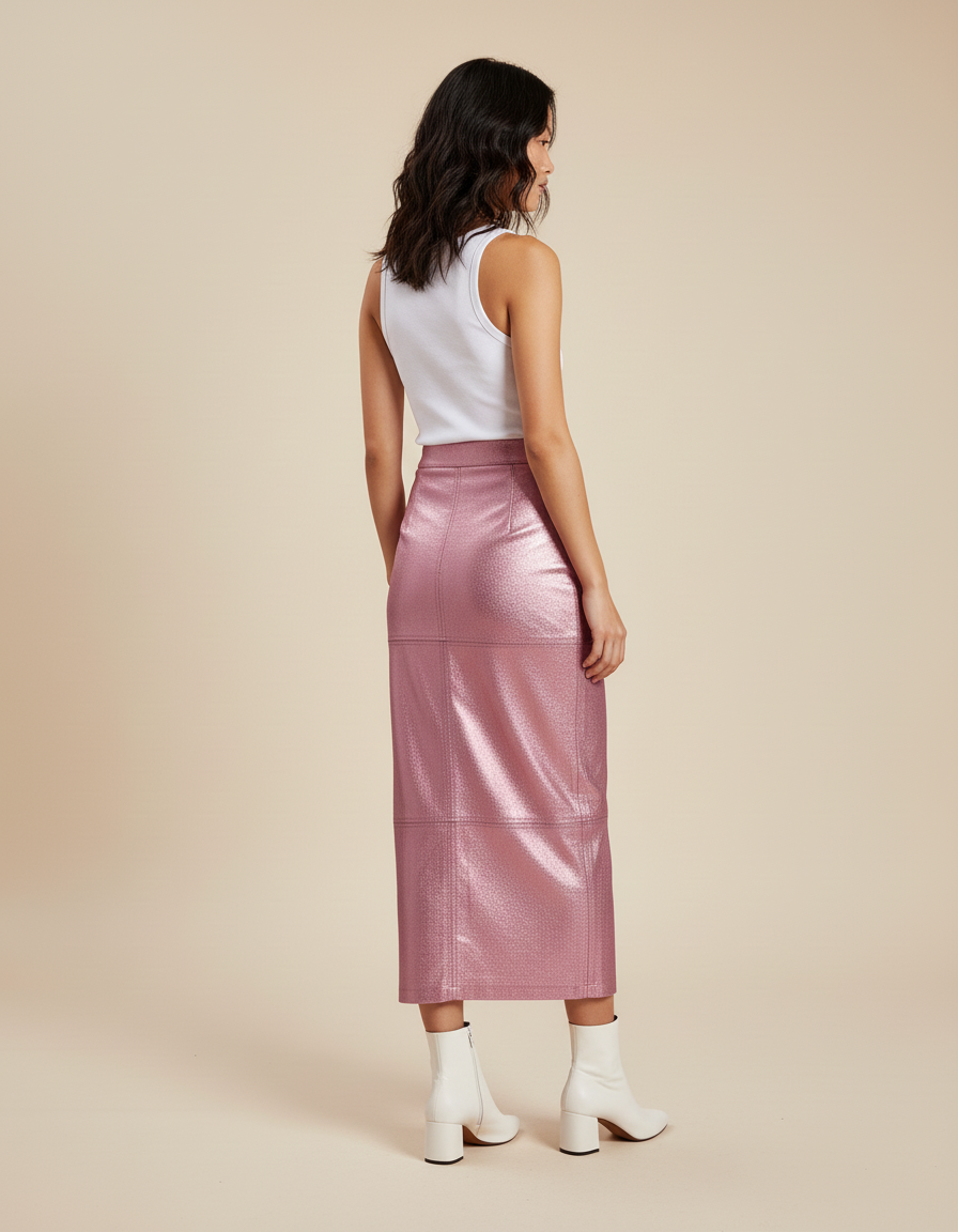 Jupe Longue Rose Métallisé Similicuir Chic