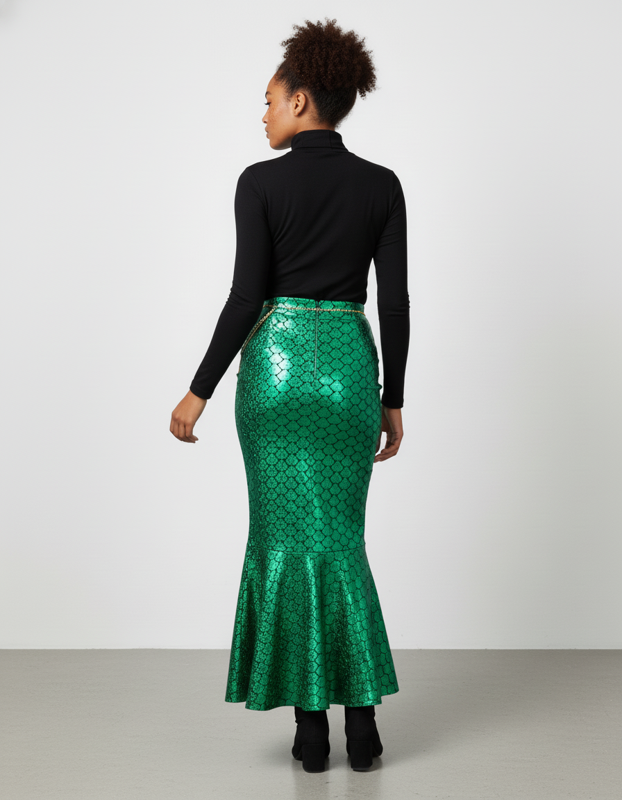 Jupe Longue Sirène Écailles Vert Métallisé