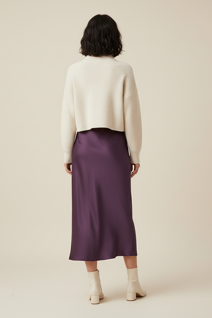 Jupe Longue Satin Prune Fluide