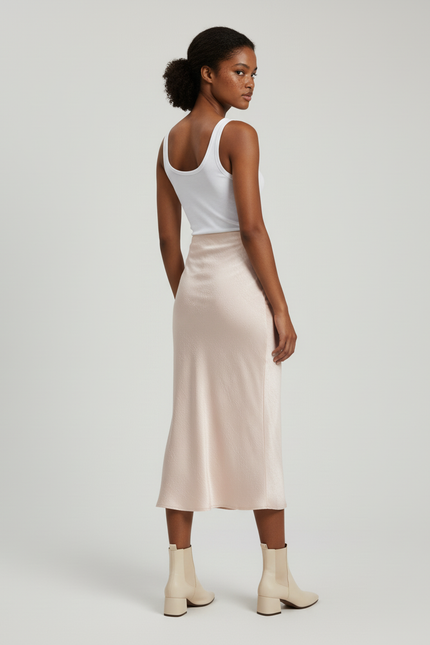 Jupe Longue Fluide Satin Rose Poudré Fendue