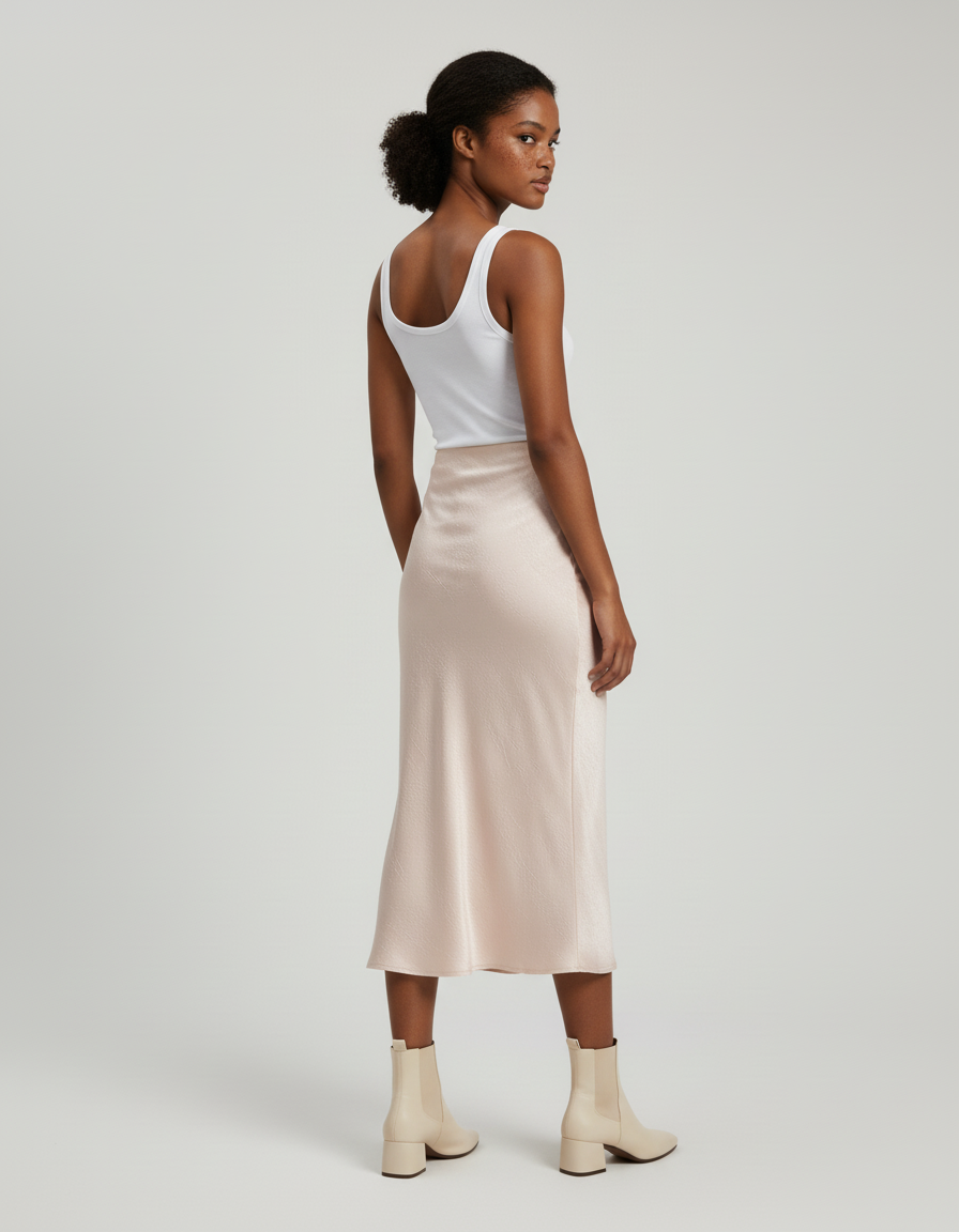 Jupe Longue Fluide Satin Rose Poudré Fendue