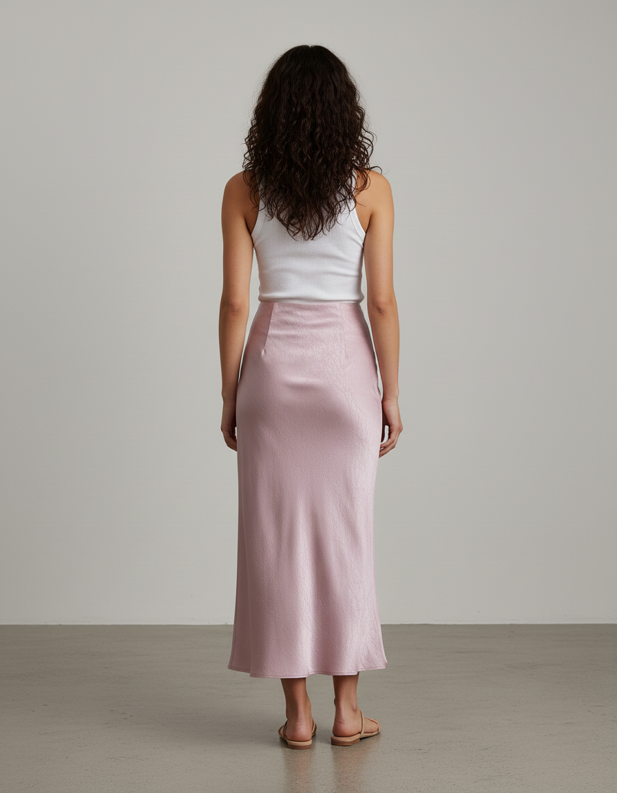 Jupe Longue Rose Poudré Satin Froissé Élégante