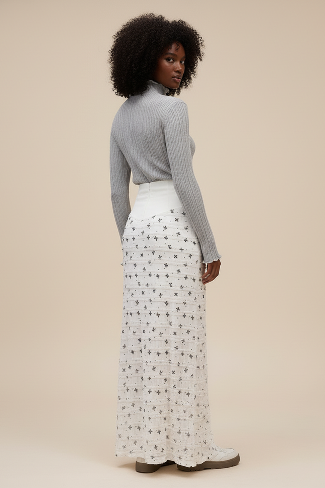 Jupe Longue Blanche Motif Noir Pour Femme