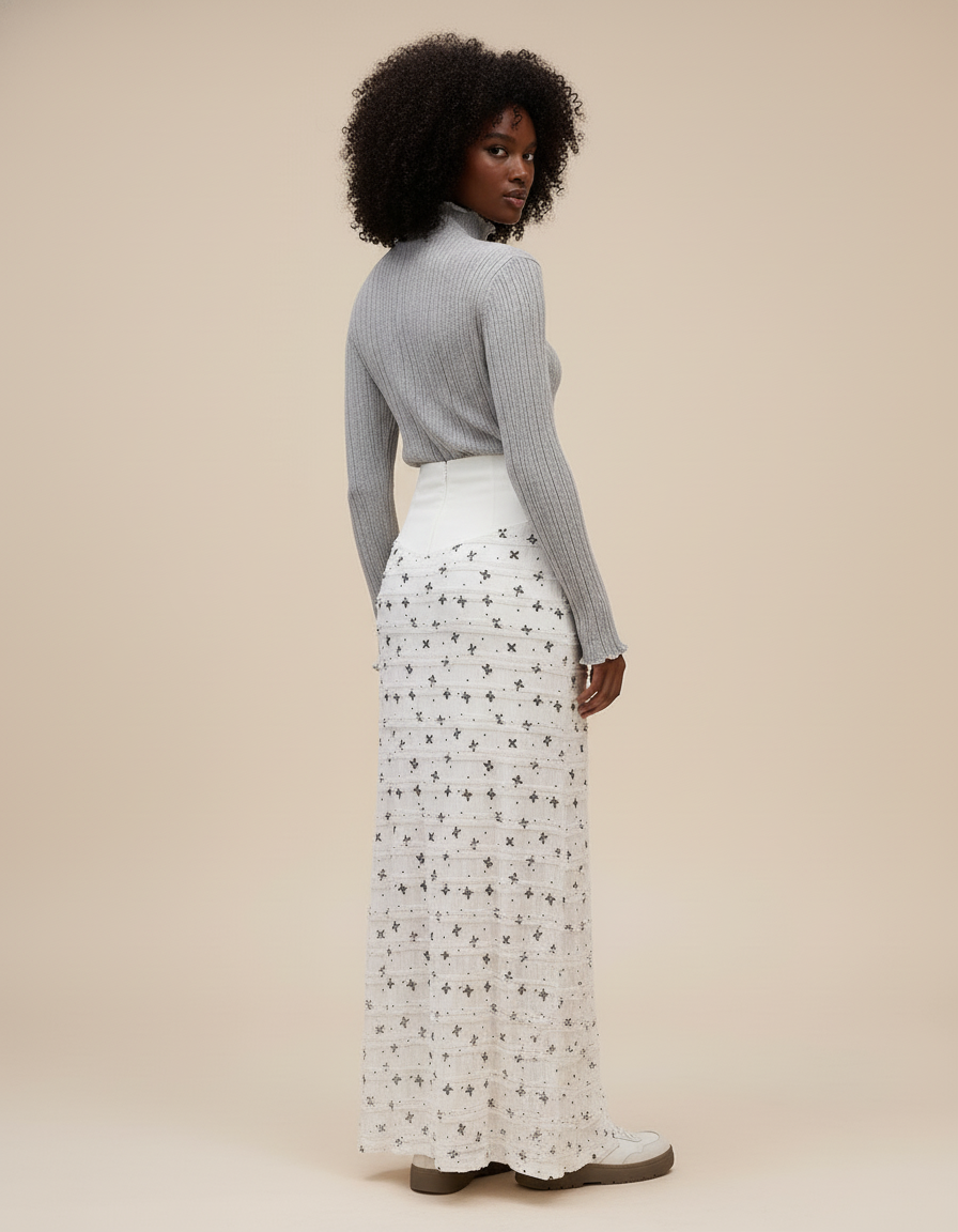 Jupe Longue Blanche Motif Noir Pour Femme