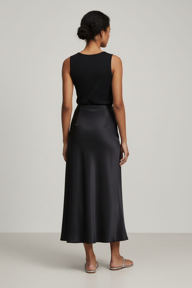 Jupe Longue Noire Satinée Fluide Femme