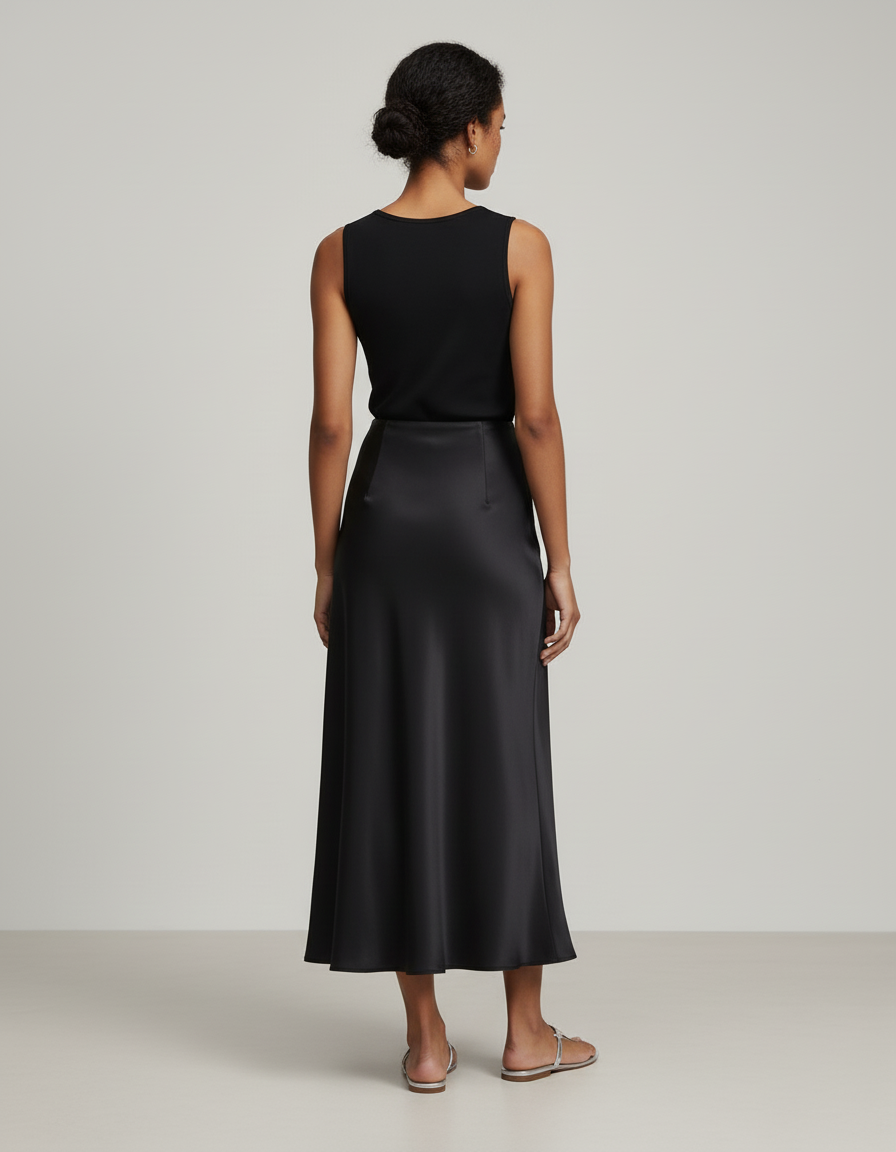 Jupe Longue Noire Satinée Fluide Femme