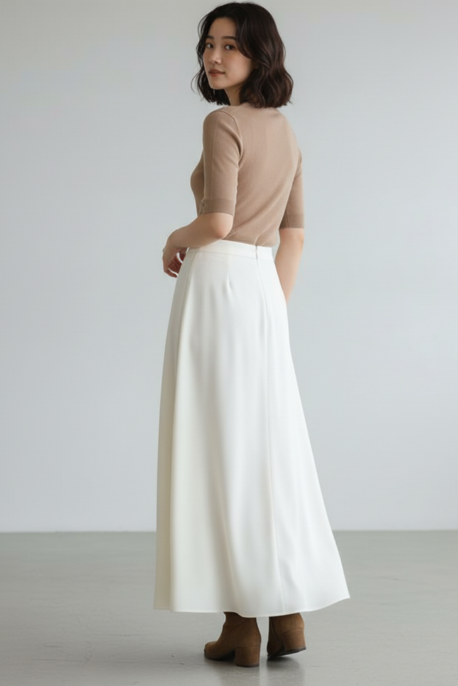 Jupe Longue Crème Fluide Élégante Femme