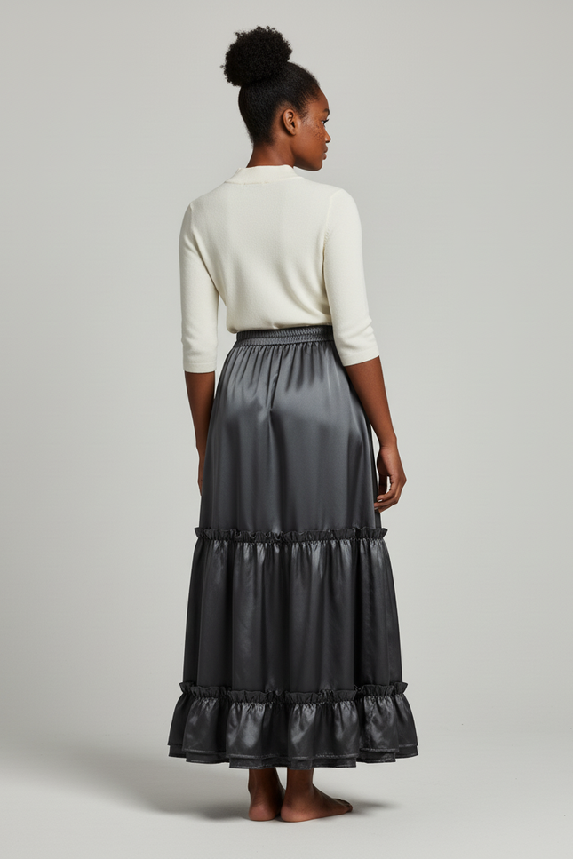 Jupe Longue Satinée Fluide À Volants