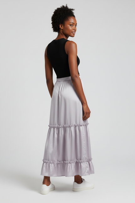 Jupe Longue Satin Volants Chic