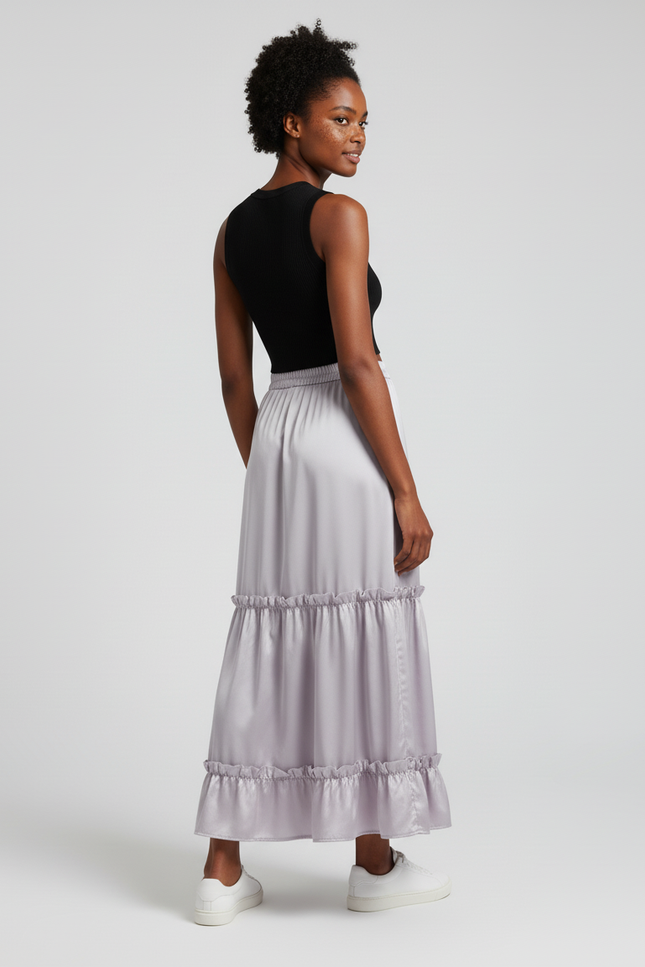 Jupe Longue Satin Volants Chic