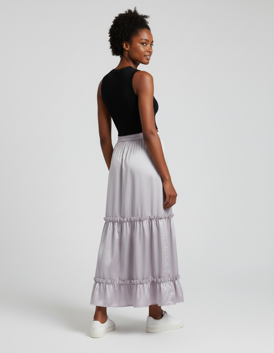 Jupe Longue Satin Volants Chic