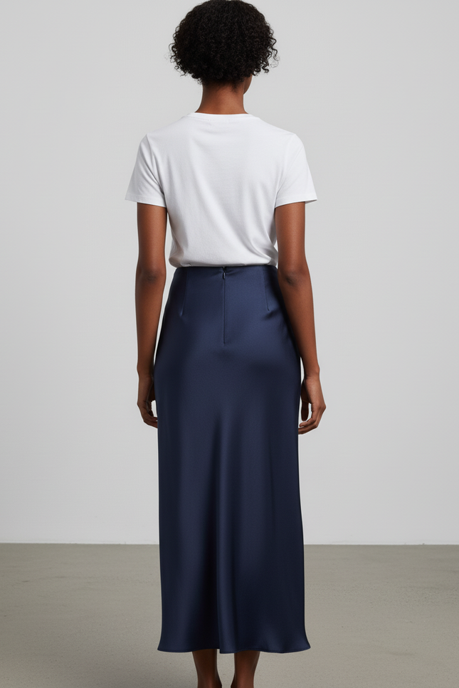 Jupe Longue Bleu Marine Satinée Fluide