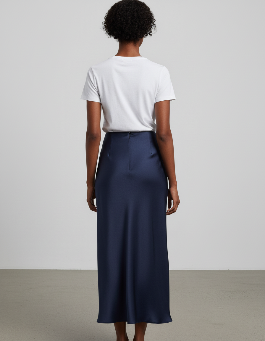 Jupe Longue Bleu Marine Satinée Fluide