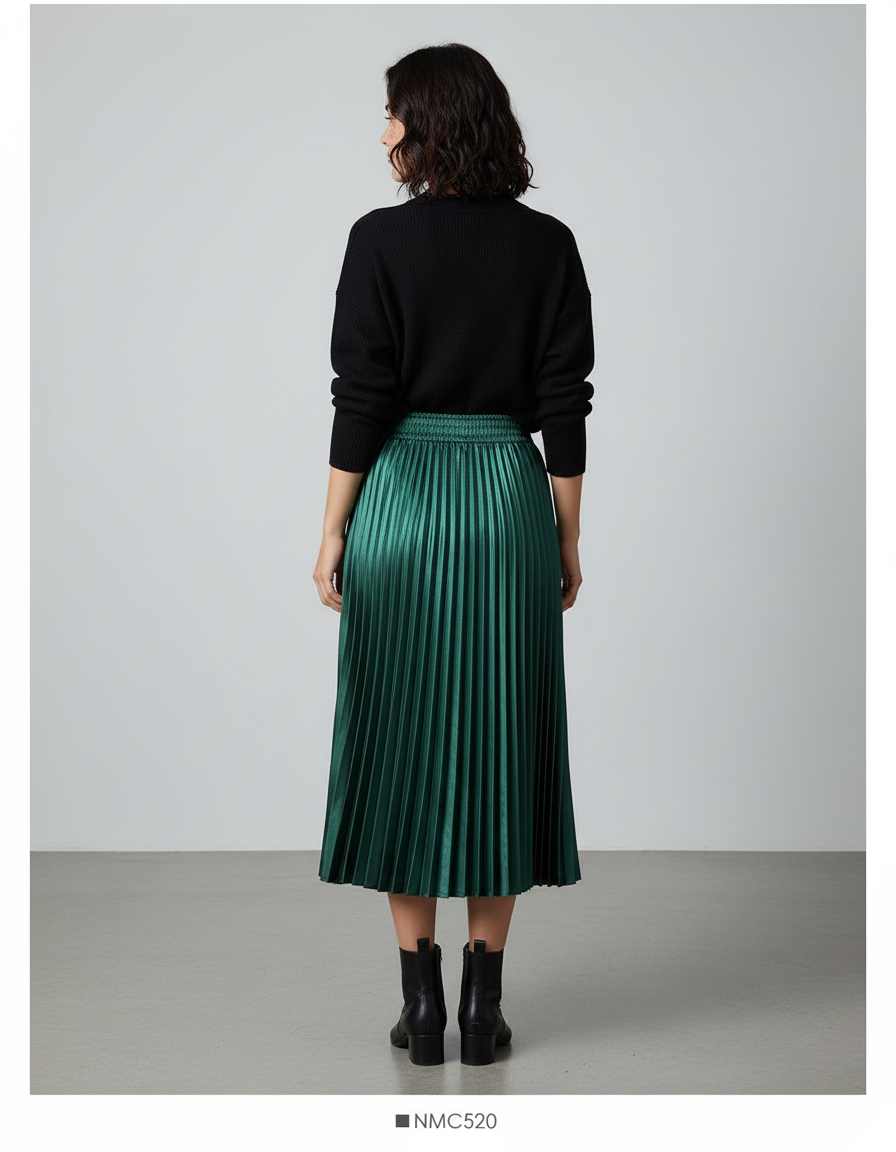 Jupe Longue Satinée Plissée Élégante Mode