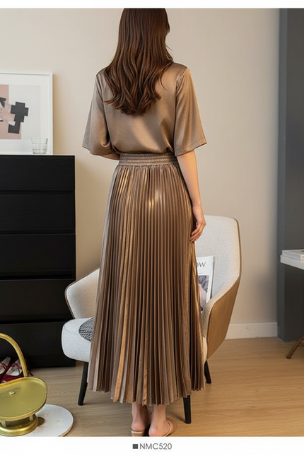 Jupe Longue Satinée Plissée Élégante Moderne