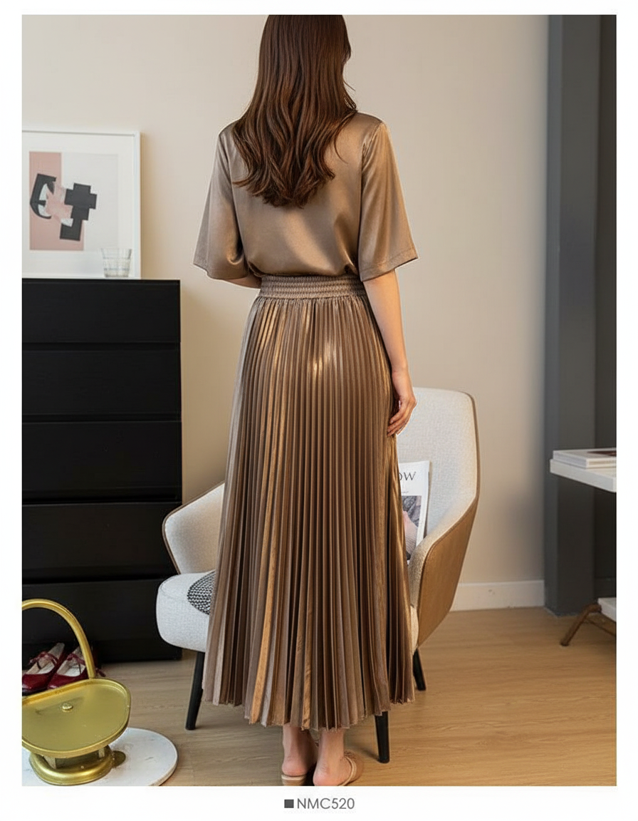 Jupe Longue Satinée Plissée Élégante Moderne