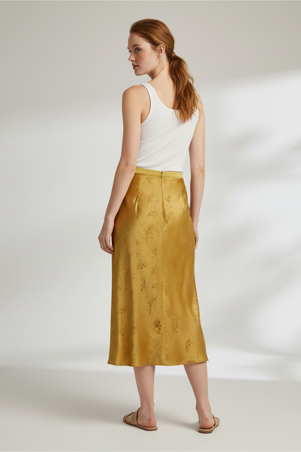 Jupe Longue Satin Jacquard Dorée Élégante